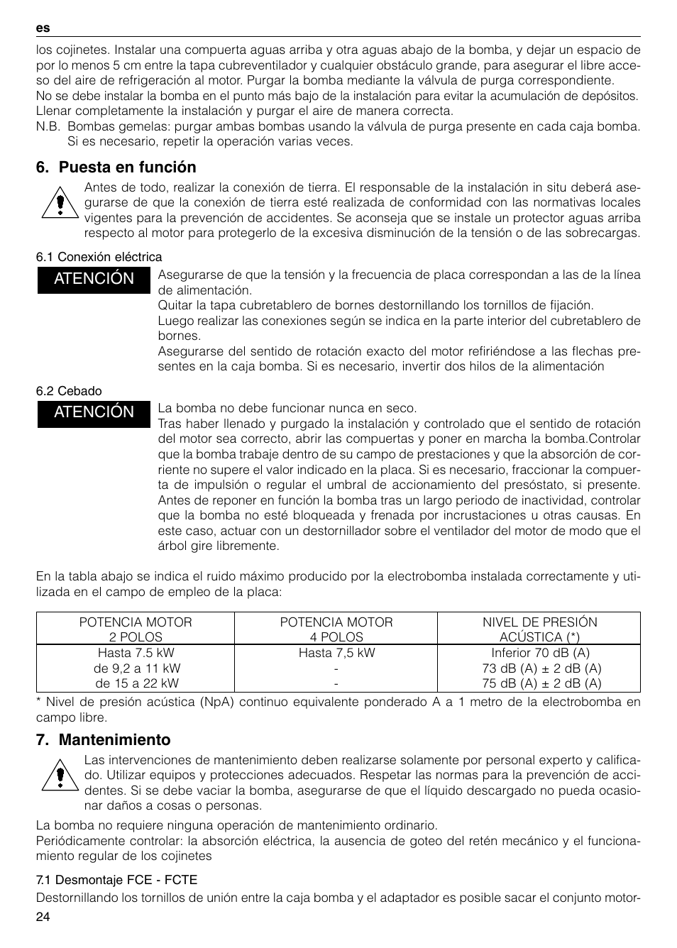 Puesta en función, Mantenimiento, Atención | Xylem FC FCT (Single & Twin Version) User Manual | Page 24 / 80