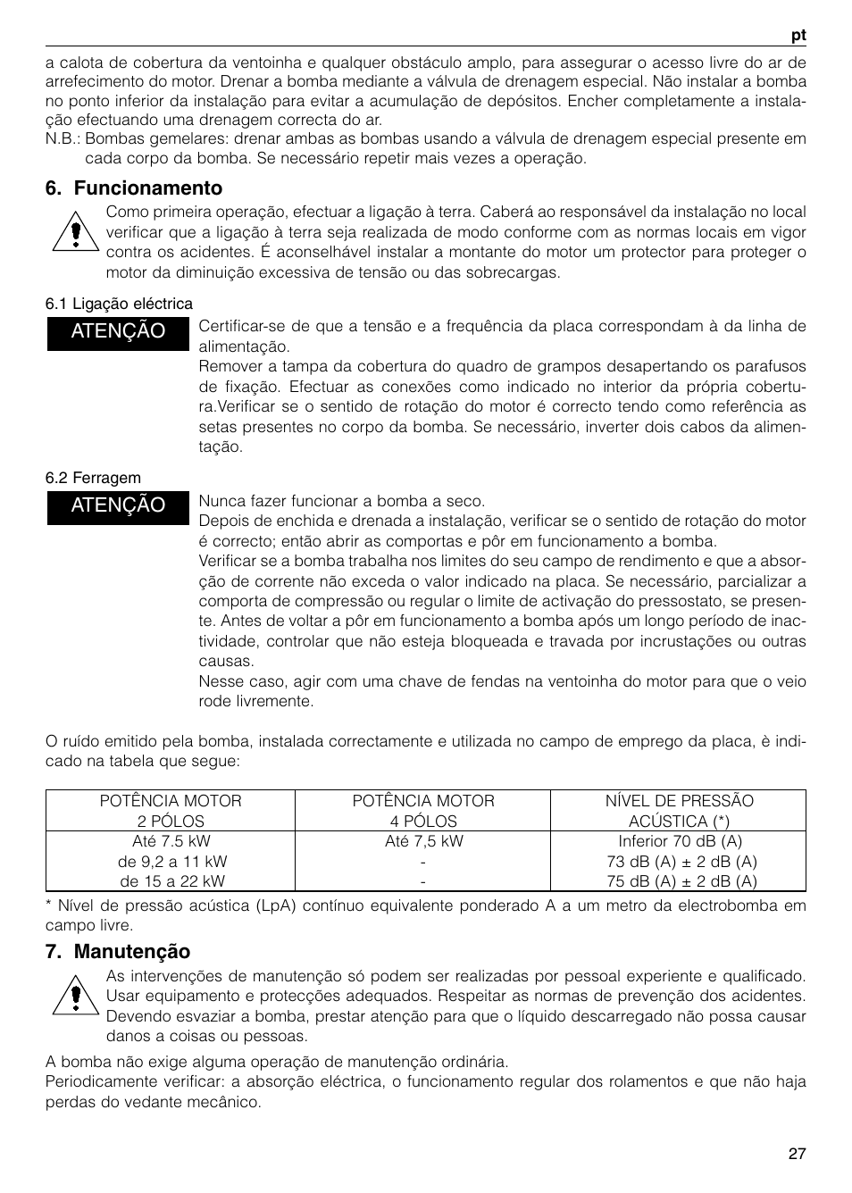 Funcionamento, Manutenção, Atenção | Xylem FC FCT (Single & Twin Version) User Manual | Page 27 / 80