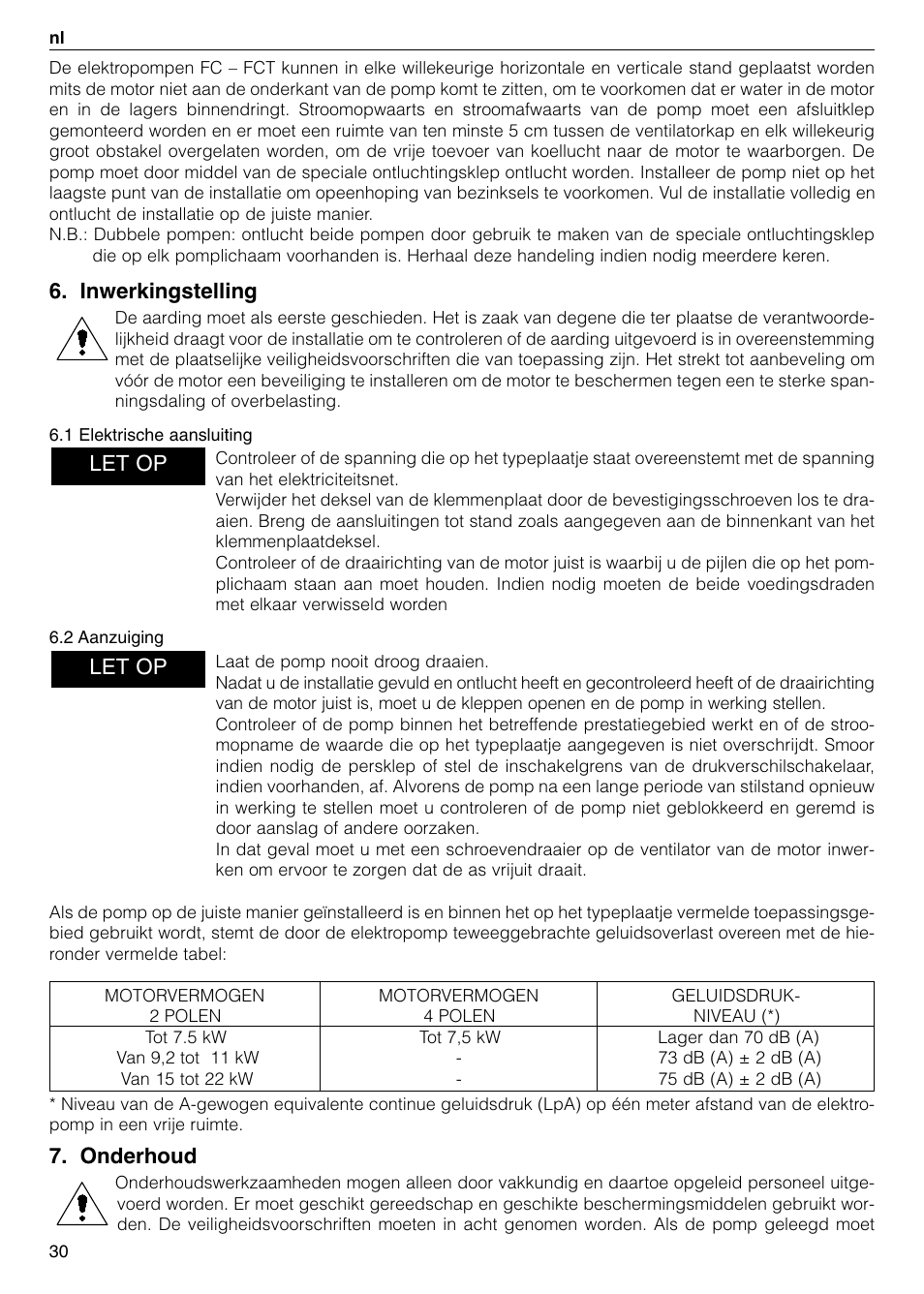 Inwerkingstelling, Onderhoud, Let op | Xylem FC FCT (Single & Twin Version) User Manual | Page 30 / 80