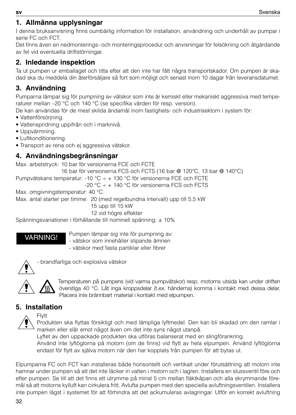Allmänna upplysningar, Inledande inspektion, Användning | Användningsbegränsningar, Installation, Varning | Xylem FC FCT (Single & Twin Version) User Manual | Page 32 / 80