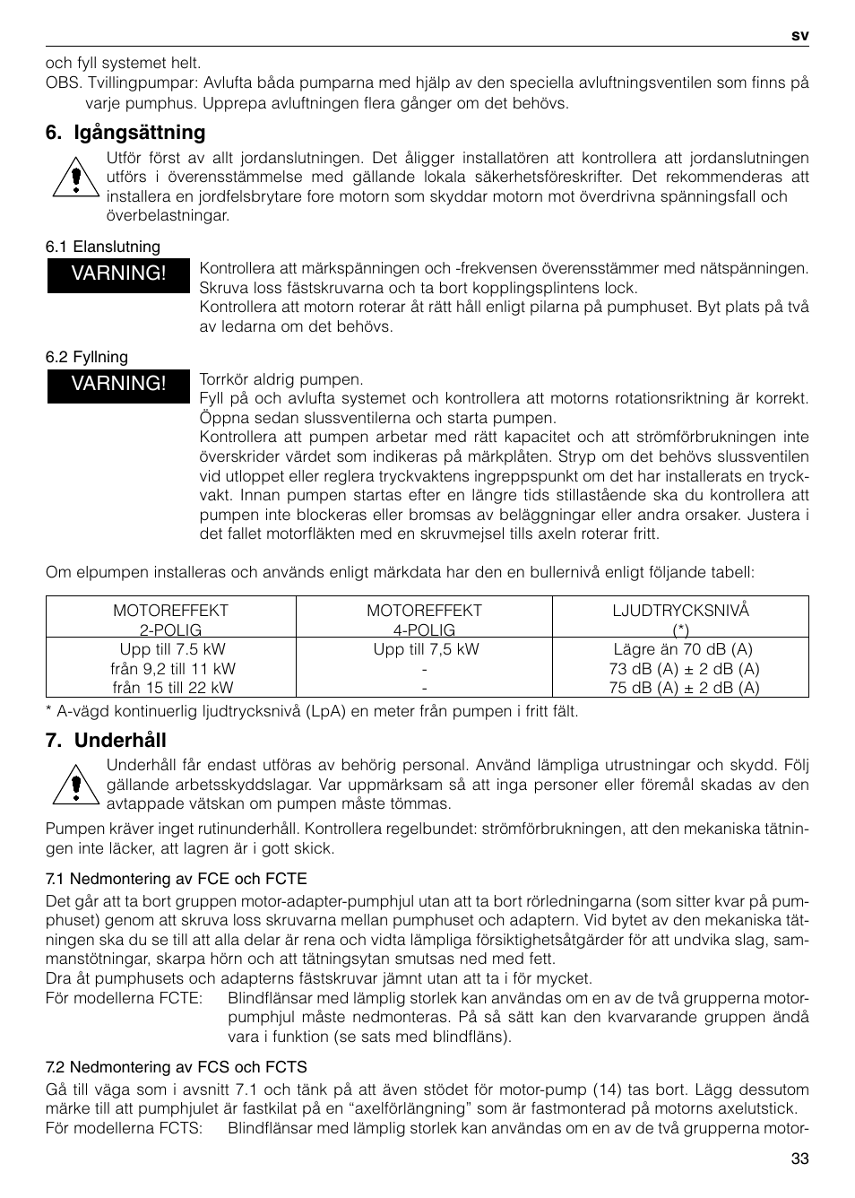 Igångsättning, Underhåll, Varning | Xylem FC FCT (Single & Twin Version) User Manual | Page 33 / 80