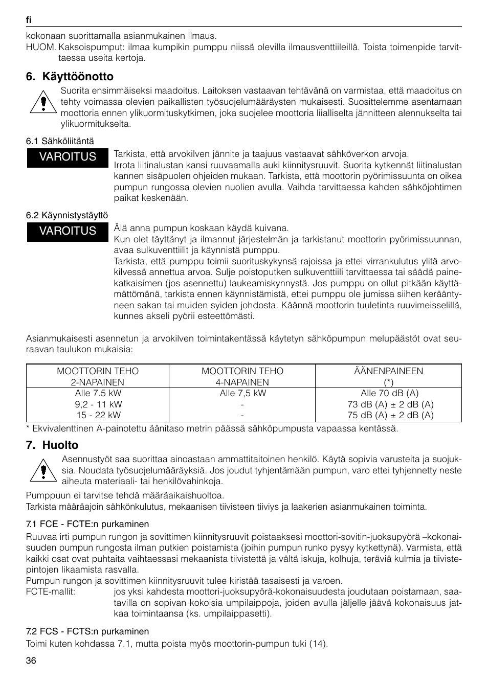 Käyttöönotto, Huolto, Varoitus | Xylem FC FCT (Single & Twin Version) User Manual | Page 36 / 80