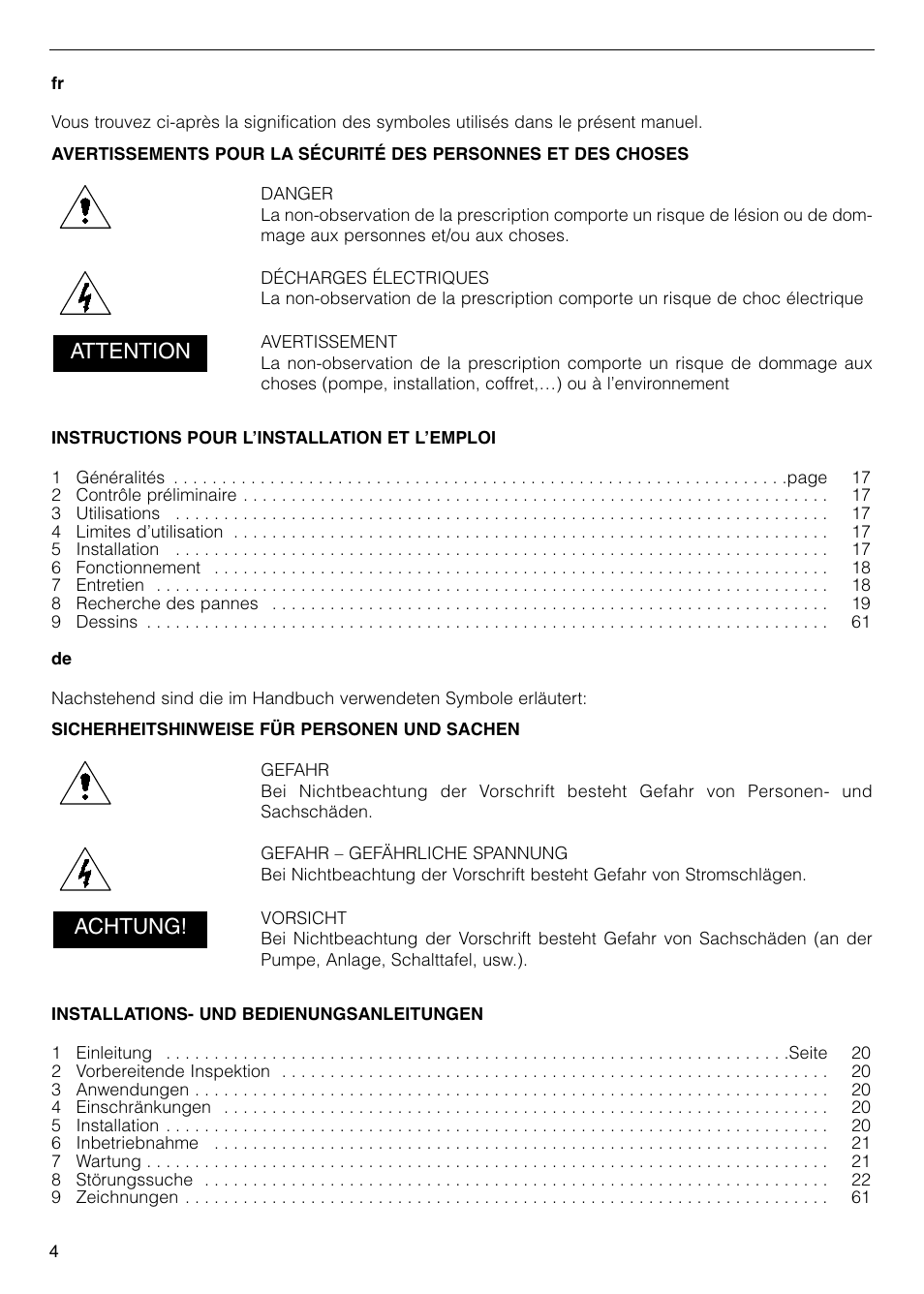 Attention, Achtung | Xylem FC FCT (Single & Twin Version) User Manual | Page 4 / 80