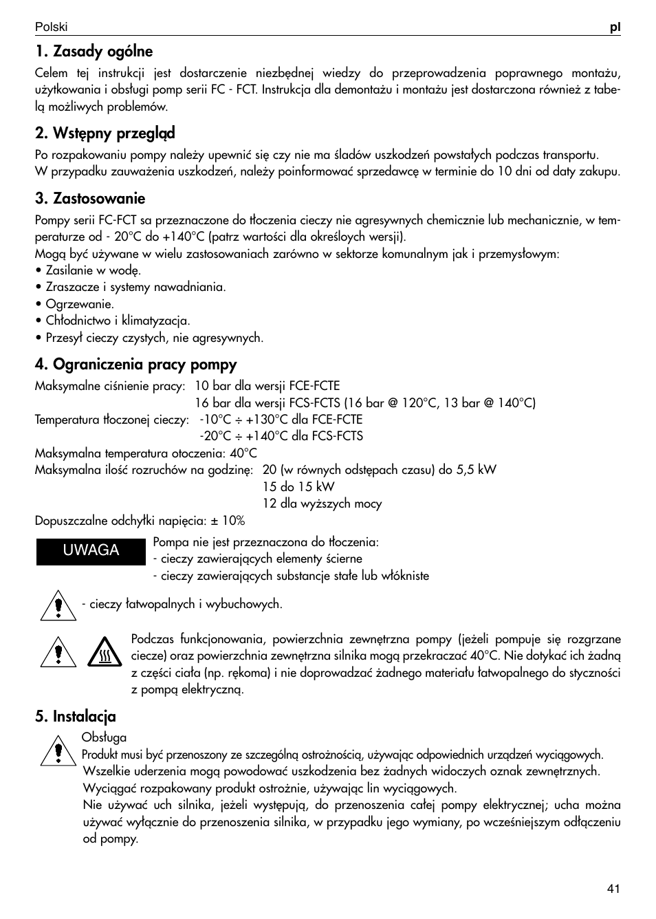 Zasady ogólne, Wst´pny przeglàd, Zastosowanie | Ograniczenia pracy pompy, Instalacja, Uwaga | Xylem FC FCT (Single & Twin Version) User Manual | Page 41 / 80