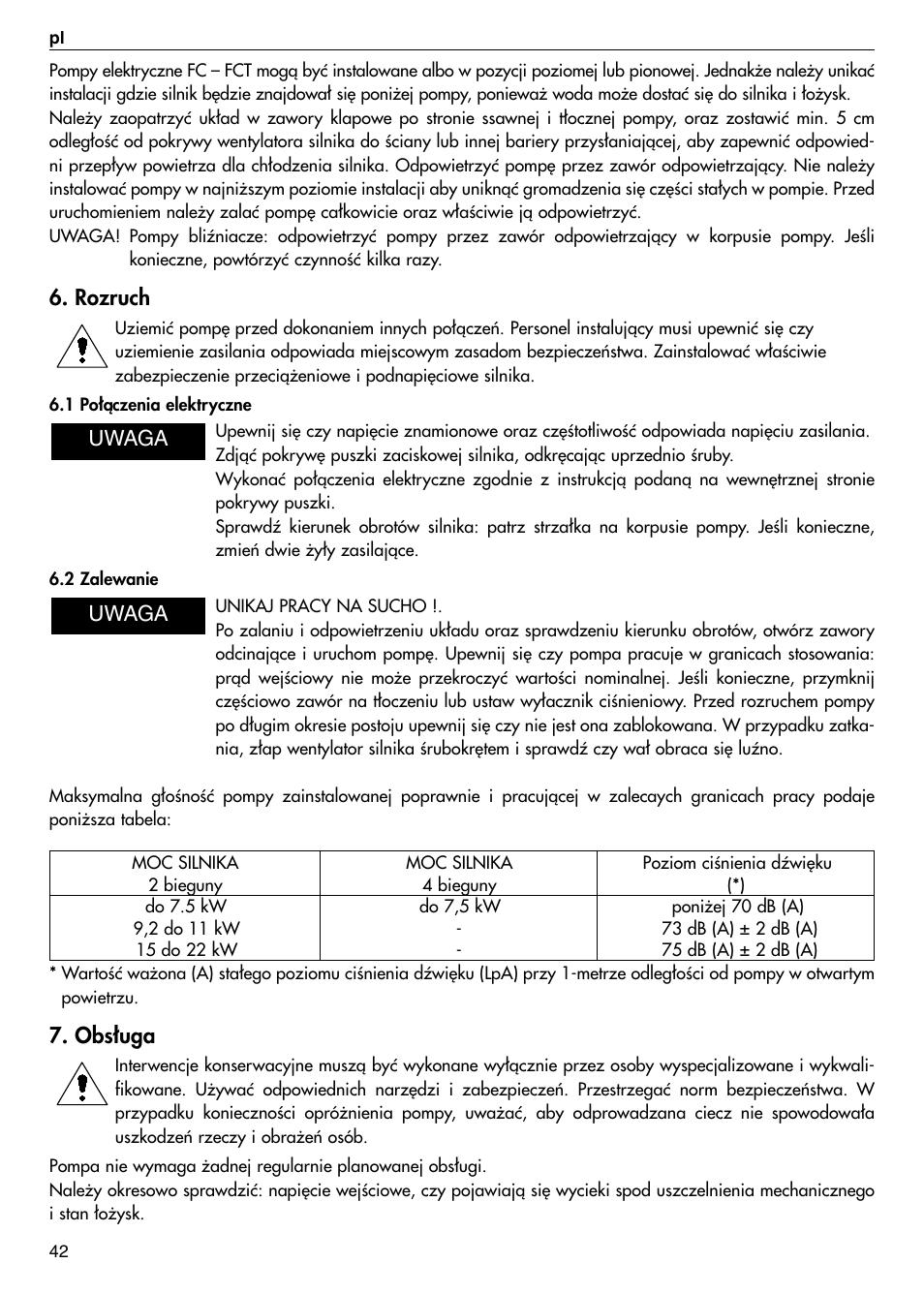 Rozruch, Obs∏uga, Uwaga | Xylem FC FCT (Single & Twin Version) User Manual | Page 42 / 80
