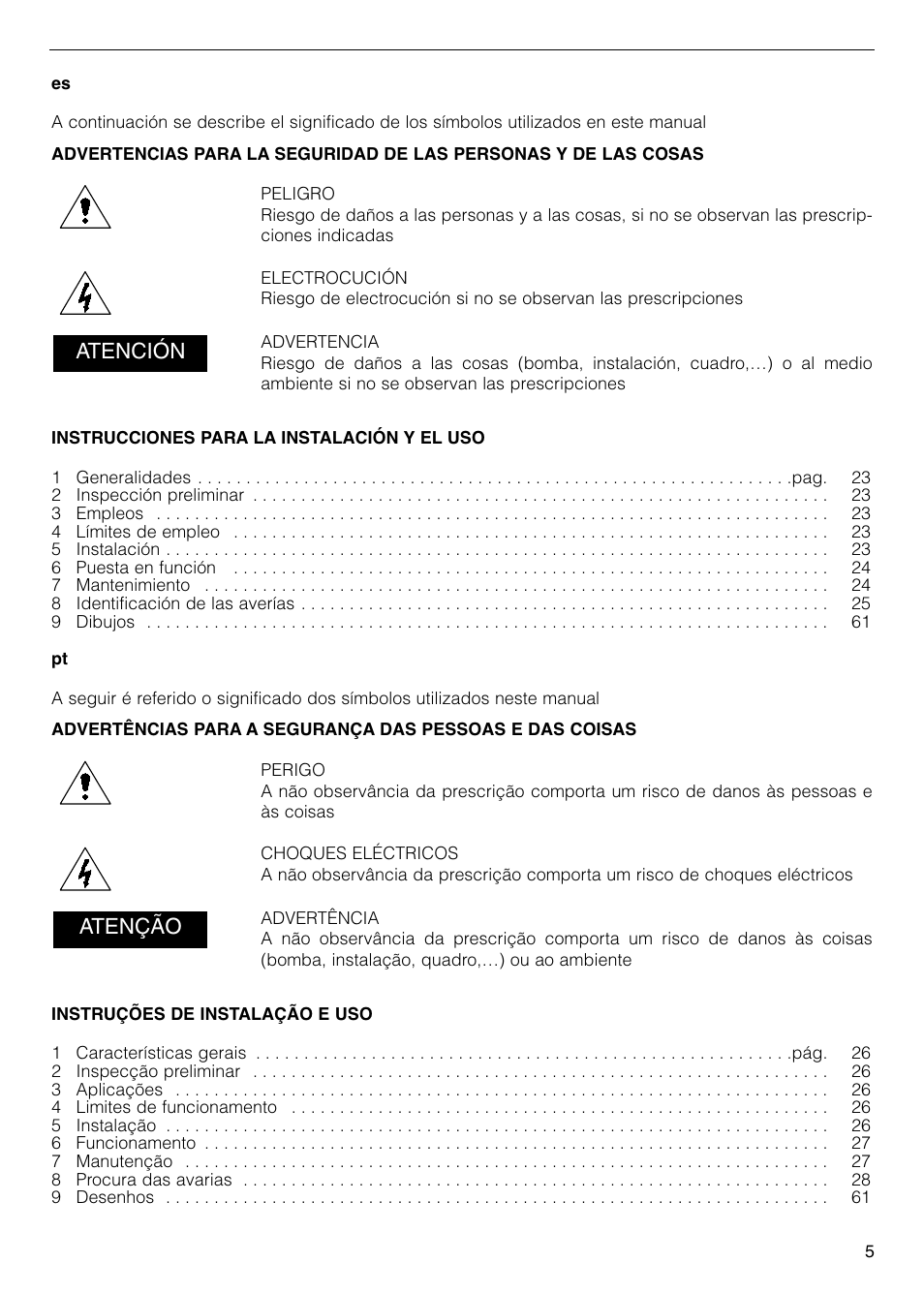 Atención, Atenção | Xylem FC FCT (Single & Twin Version) User Manual | Page 5 / 80