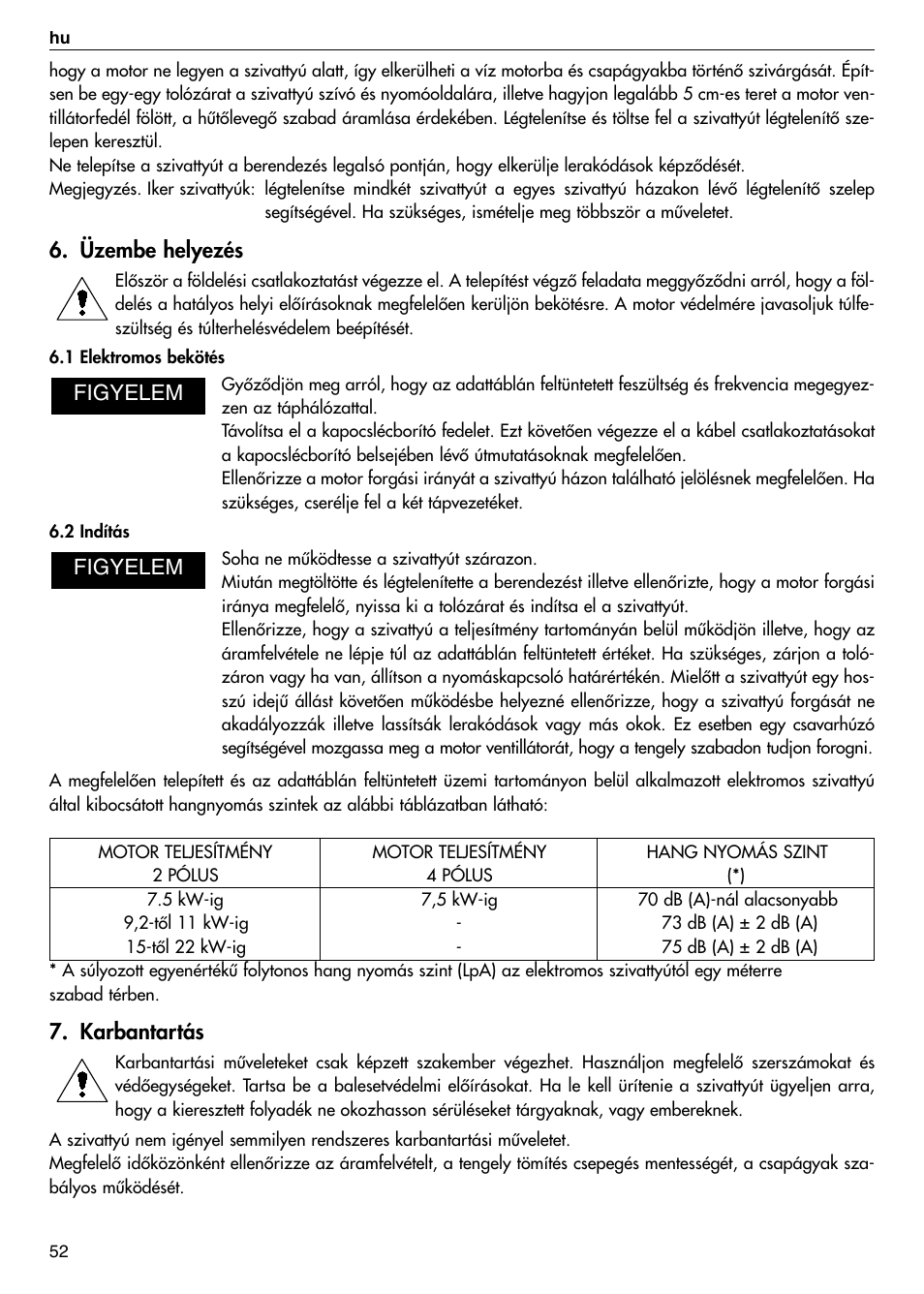Üzembe helyezés, Karbantartás, Figyelem | Xylem FC FCT (Single & Twin Version) User Manual | Page 52 / 80