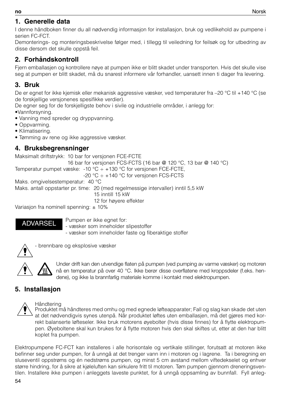 Generelle data, Forhåndskontroll, Bruk | Bruksbegrensninger, Installasjon, Advarsel | Xylem FC FCT (Single & Twin Version) User Manual | Page 54 / 80