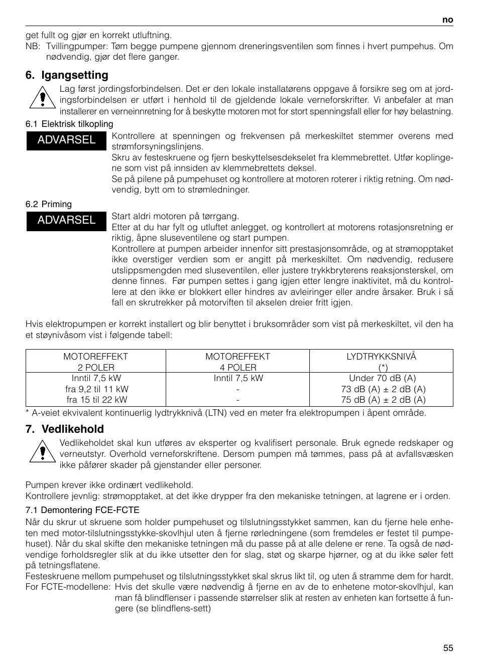 Igangsetting, Vedlikehold, Advarsel | Xylem FC FCT (Single & Twin Version) User Manual | Page 55 / 80