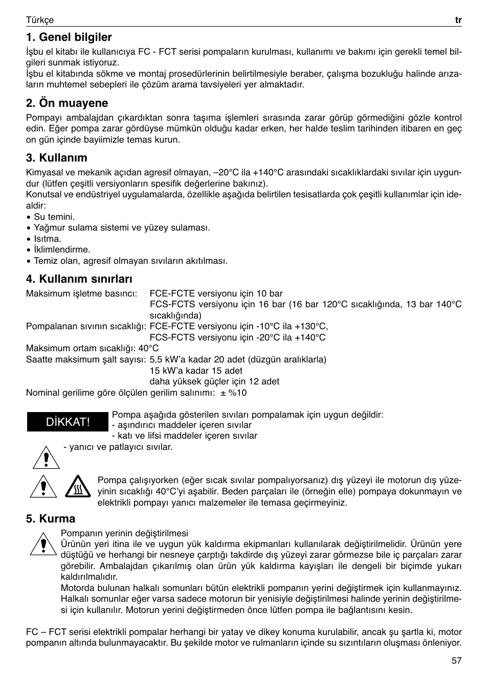 Genel bilgiler, Ön muayene, Kullanım | Kullanım sınırları, Kurma, Dikkat | Xylem FC FCT (Single & Twin Version) User Manual | Page 57 / 80