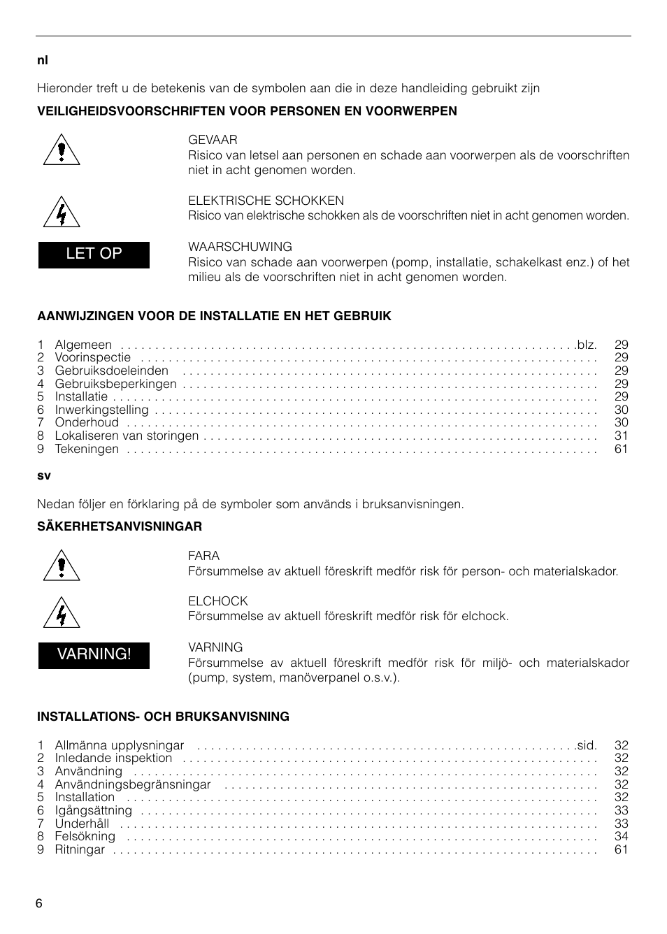 Let op, Varning | Xylem FC FCT (Single & Twin Version) User Manual | Page 6 / 80