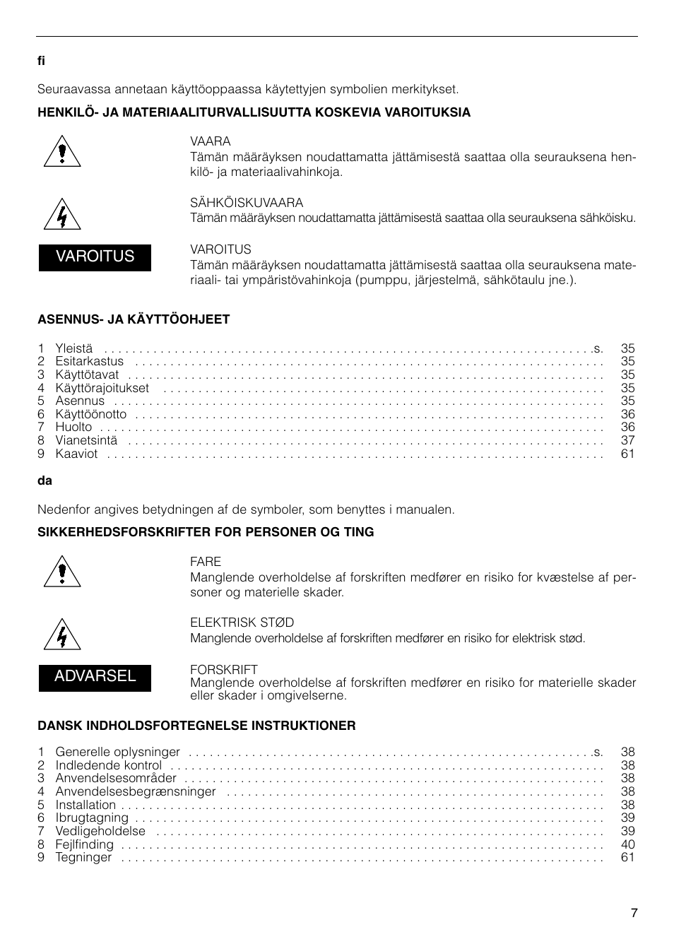 Varoitus, Advarsel | Xylem FC FCT (Single & Twin Version) User Manual | Page 7 / 80