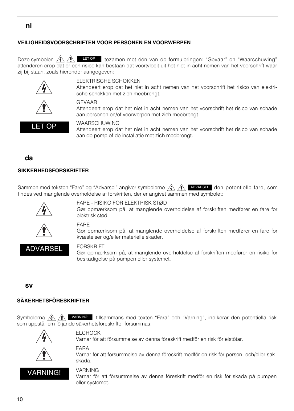 Sv da nl, Let op advarsel, Varning | Xylem FH SH User Manual | Page 10 / 128