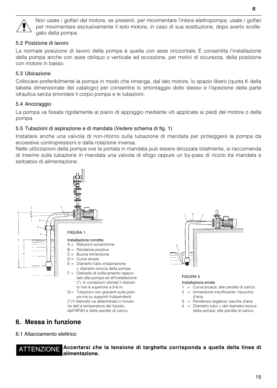 Messa in funzione, Attenzione | Xylem FH SH User Manual | Page 15 / 128