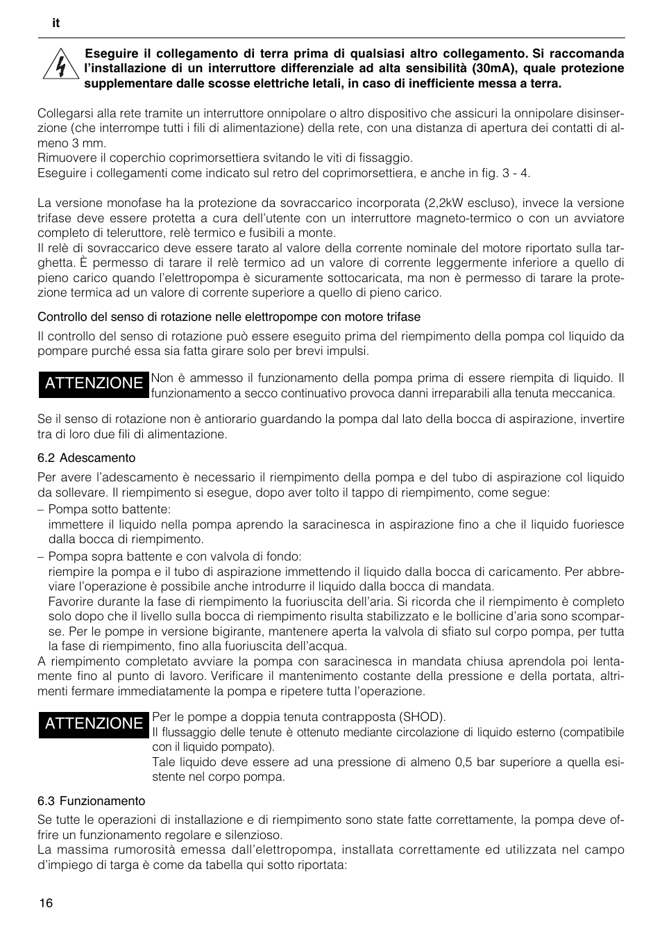 Attenzione | Xylem FH SH User Manual | Page 16 / 128