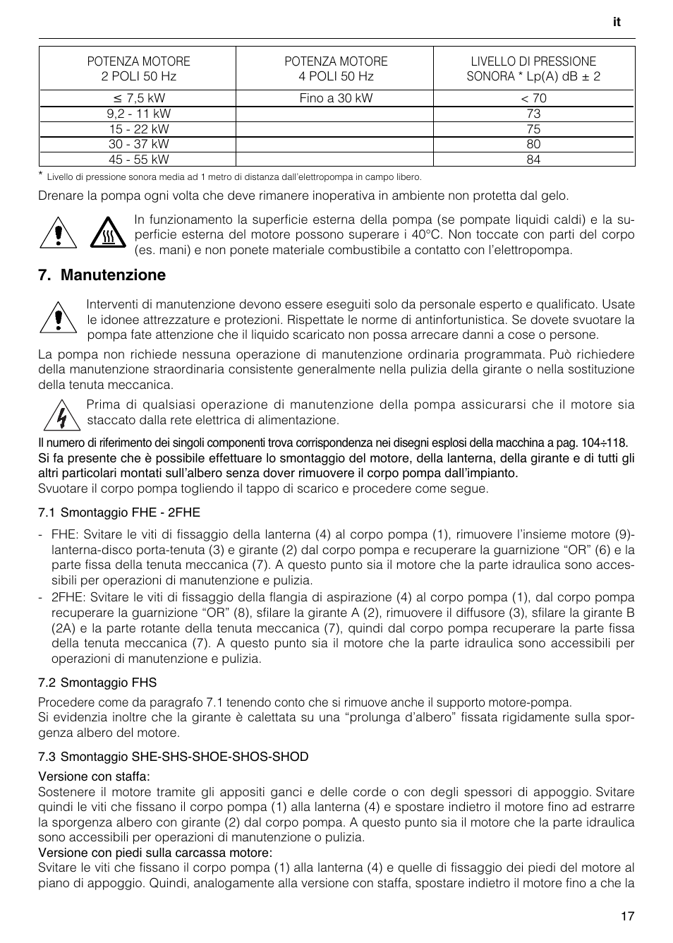 Manutenzione | Xylem FH SH User Manual | Page 17 / 128