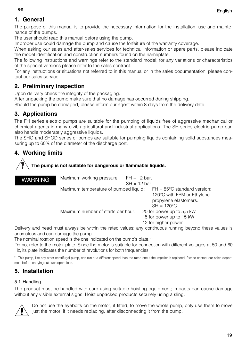 General, Preliminary inspection, Applications | Working limits, Installation, Warning | Xylem FH SH User Manual | Page 19 / 128