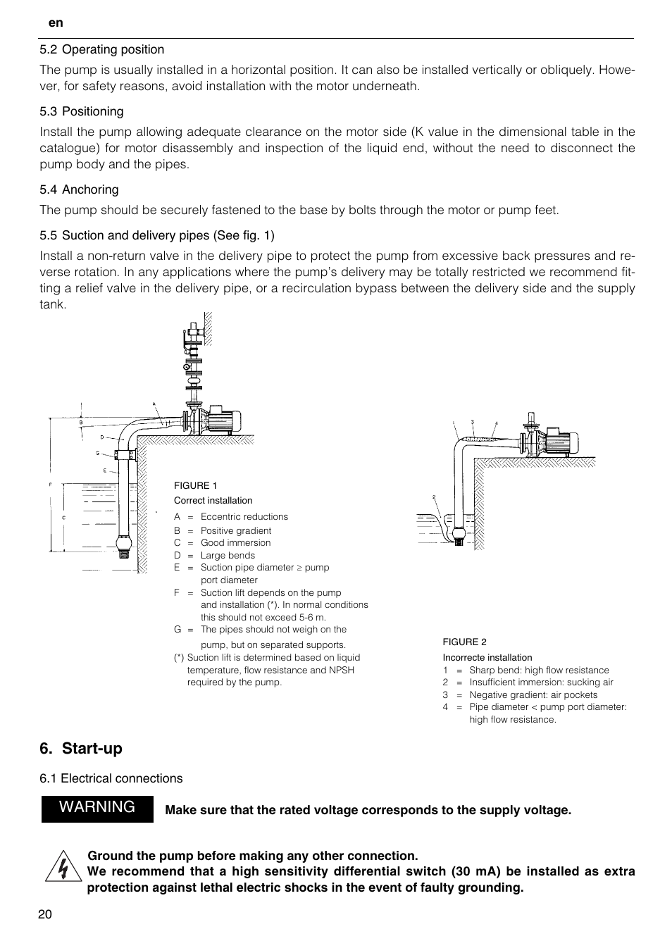 Start-up, Warning | Xylem FH SH User Manual | Page 20 / 128