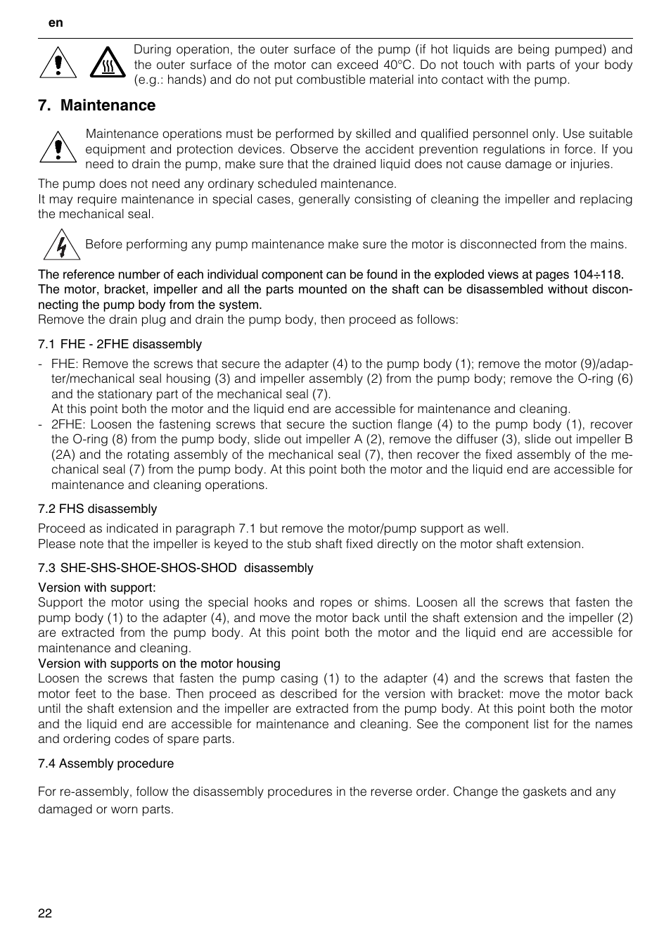 Maintenance | Xylem FH SH User Manual | Page 22 / 128