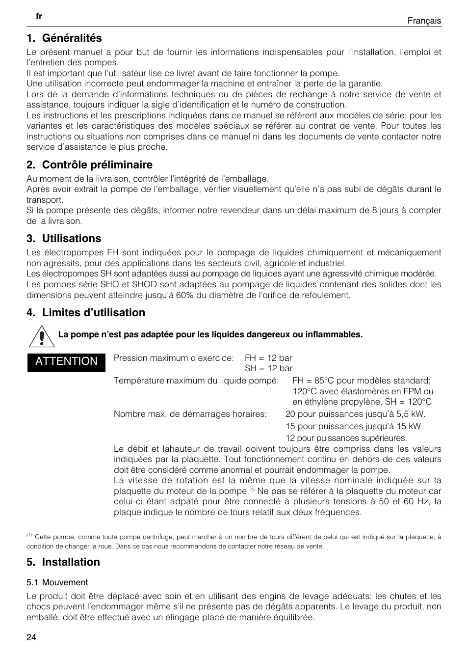 Généralités, Contrôle préliminaire, Utilisations | Limites d’utilisation, Installation, Attention | Xylem FH SH User Manual | Page 24 / 128