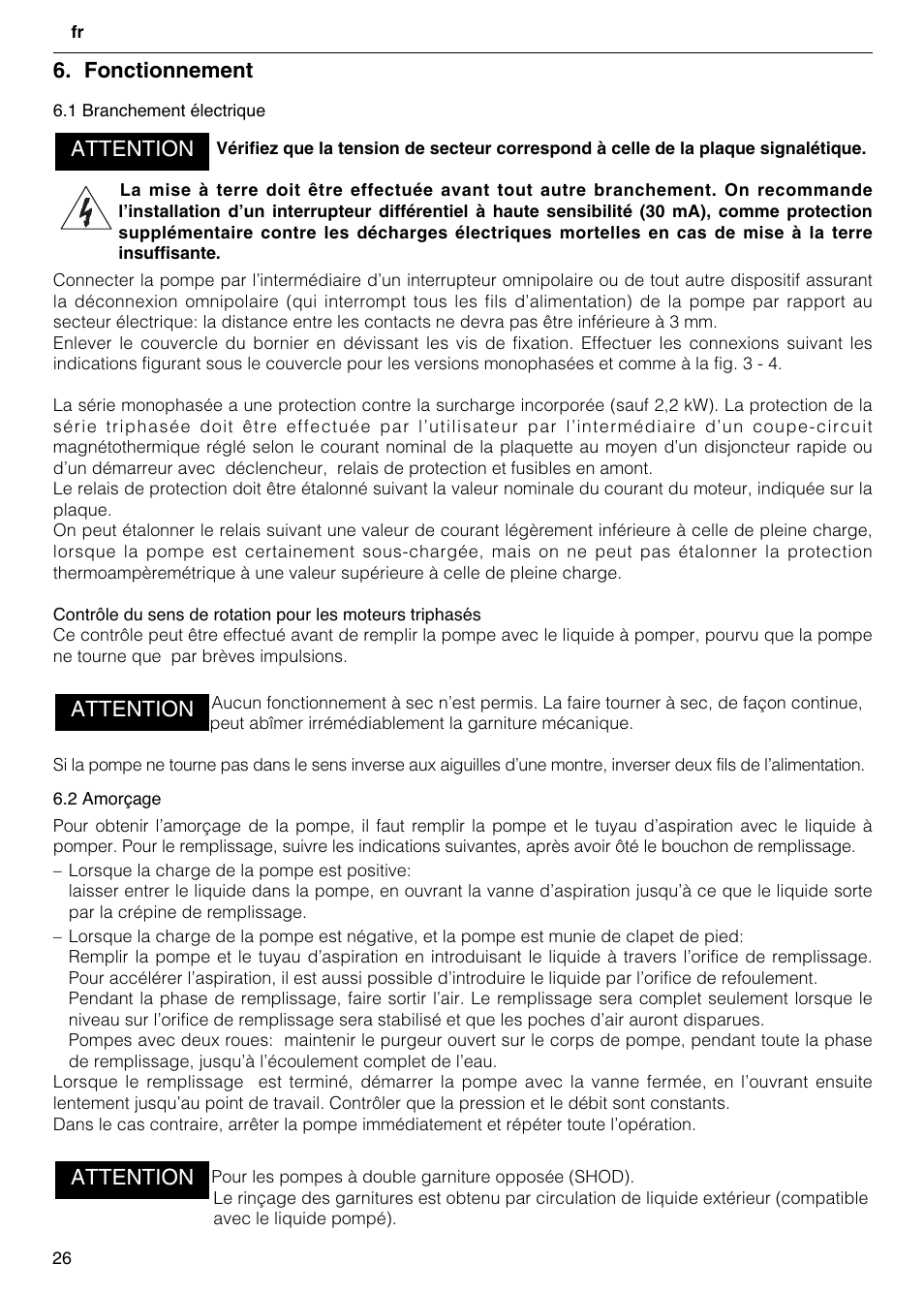 Fonctionnement, Attention | Xylem FH SH User Manual | Page 26 / 128
