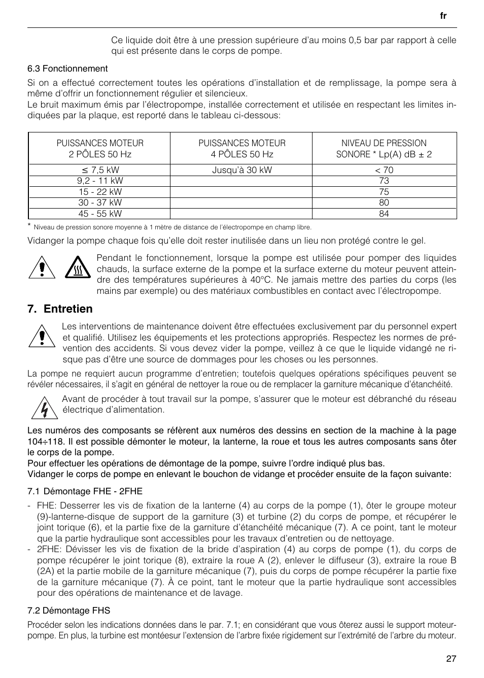 Entretien | Xylem FH SH User Manual | Page 27 / 128