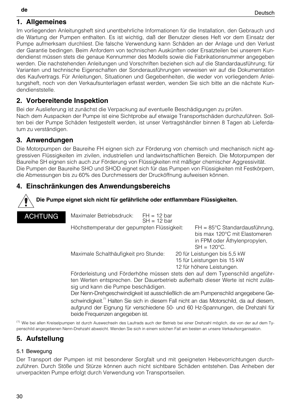 Allgemeines, Vorbereitende inspektion, Anwendungen | Einschränkungen des anwendungsbereichs, Aufstellung, Achtung | Xylem FH SH User Manual | Page 30 / 128