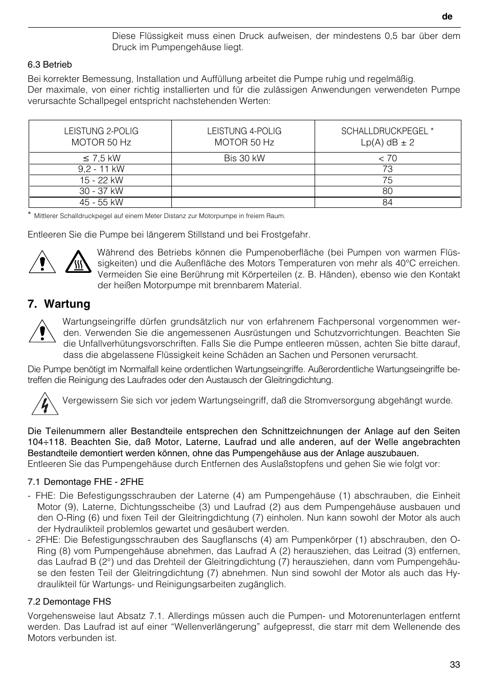 Wartung | Xylem FH SH User Manual | Page 33 / 128