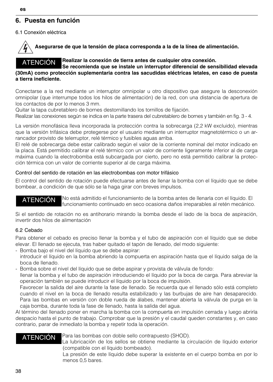Puesta en función, Atención | Xylem FH SH User Manual | Page 38 / 128
