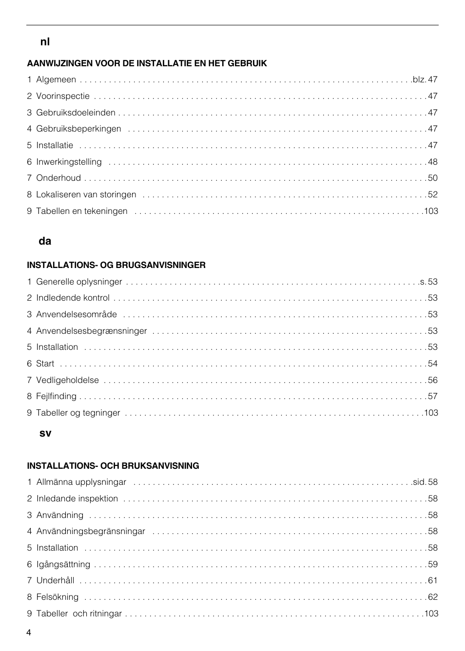 Sv da nl | Xylem FH SH User Manual | Page 4 / 128