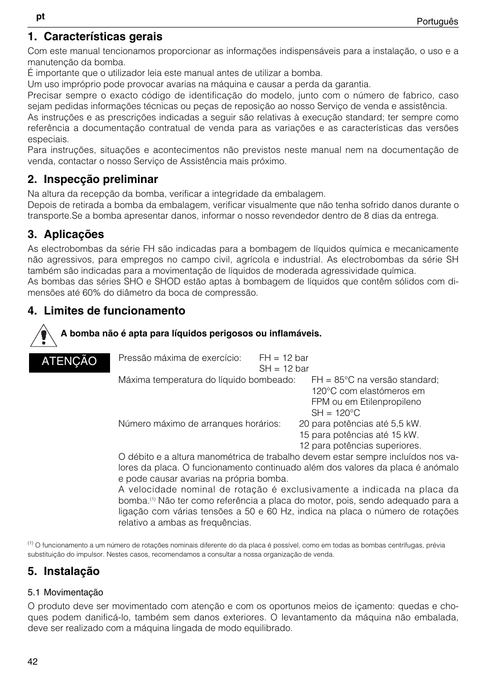 Características gerais, Inspecção preliminar, Aplicações | Limites de funcionamento, Instalação, Atenção | Xylem FH SH User Manual | Page 42 / 128