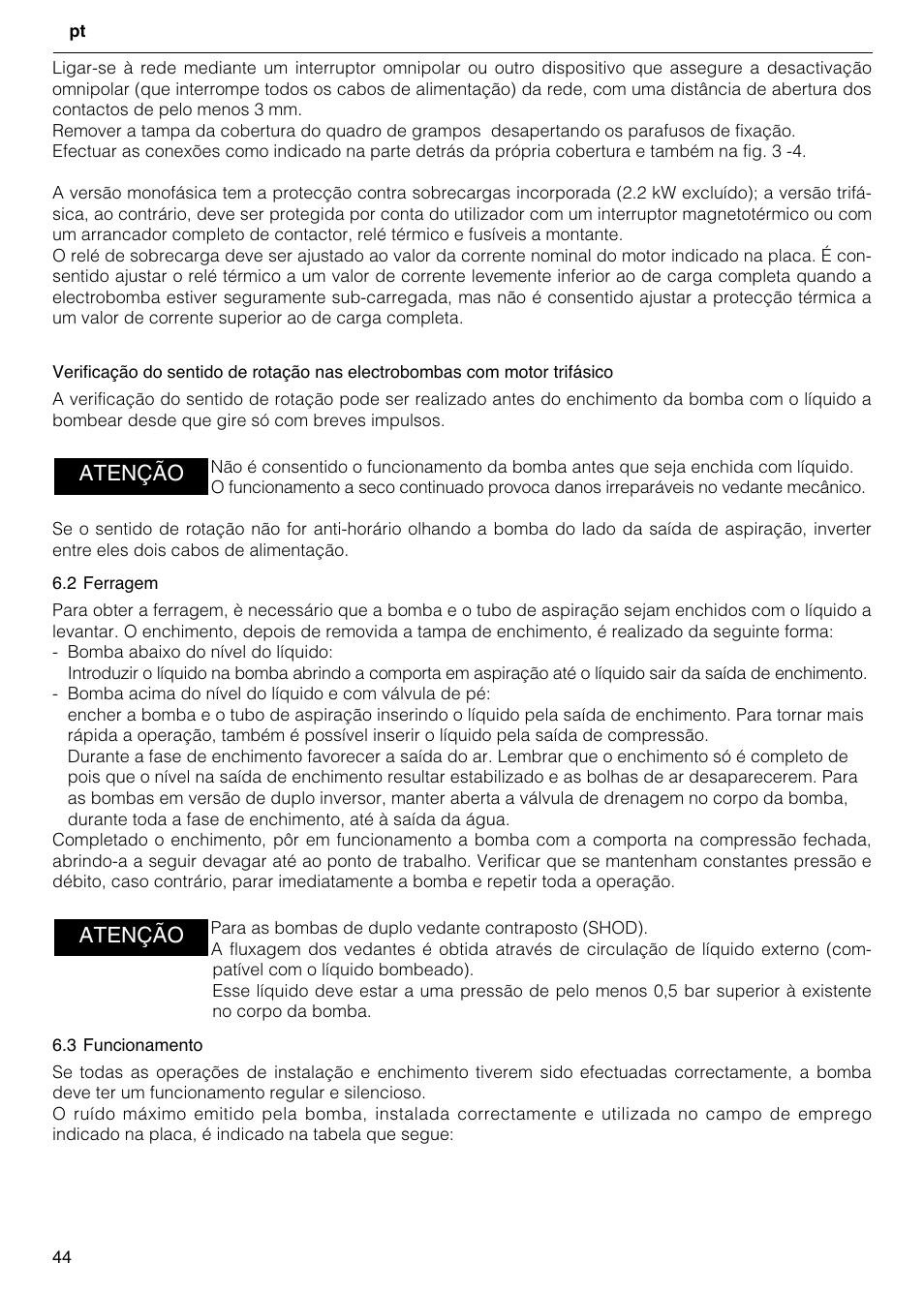 Atenção | Xylem FH SH User Manual | Page 44 / 128