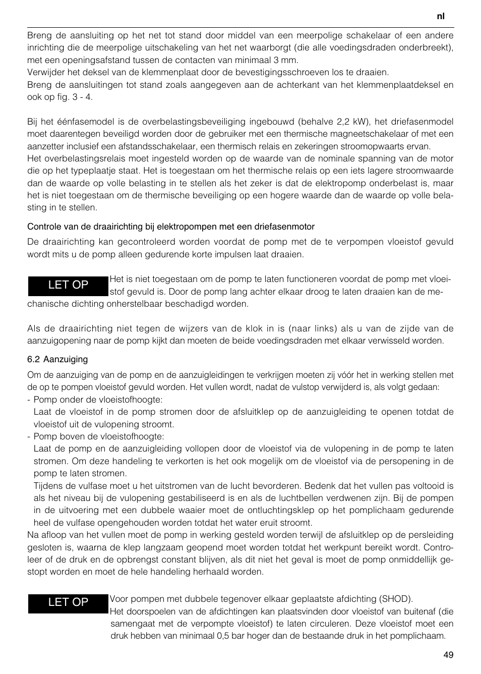 Let op | Xylem FH SH User Manual | Page 49 / 128