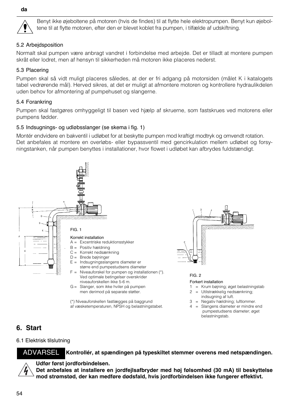 Start, Advarsel | Xylem FH SH User Manual | Page 54 / 128