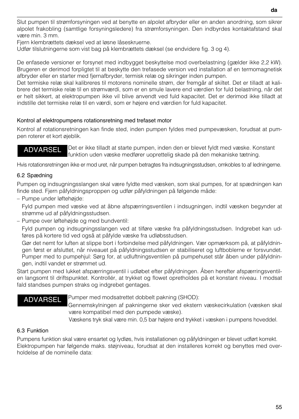 Advarsel | Xylem FH SH User Manual | Page 55 / 128