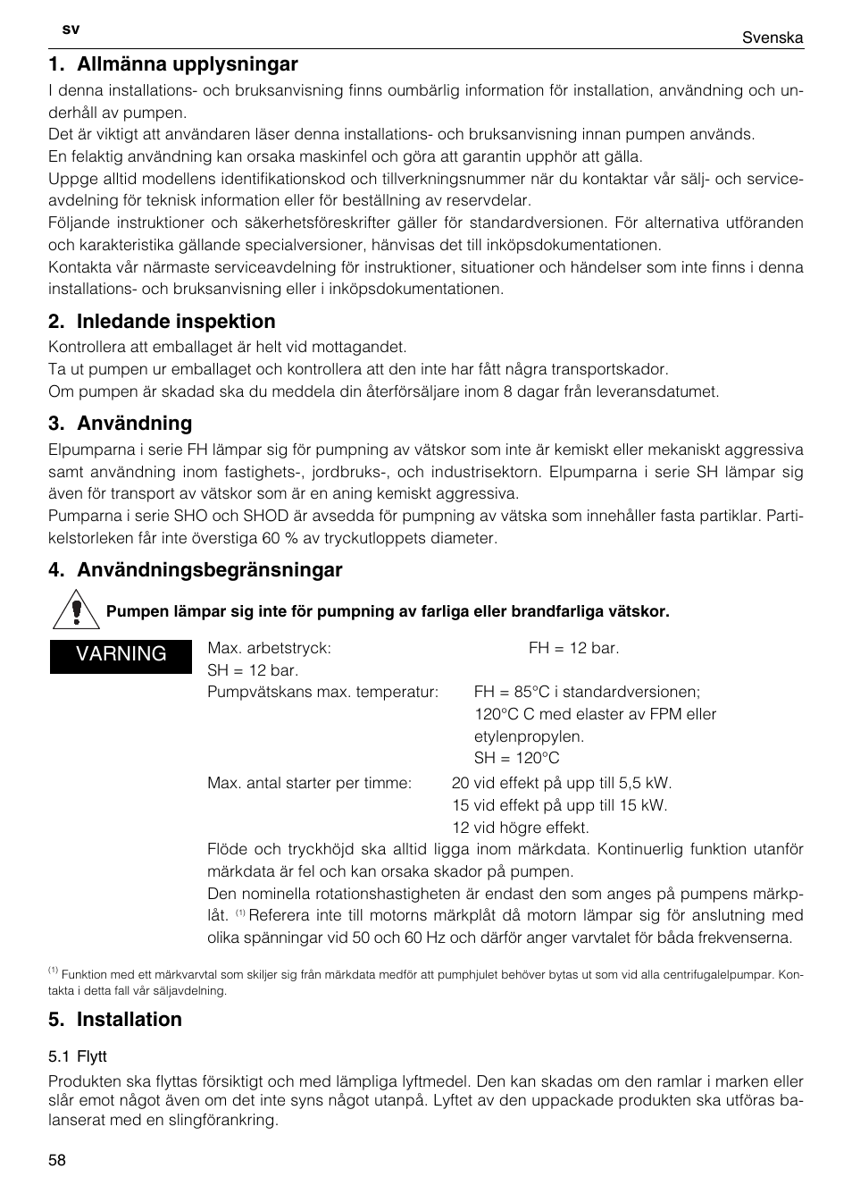 Allmänna upplysningar, Inledande inspektion, Användning | Användningsbegränsningar, Installation, Varning | Xylem FH SH User Manual | Page 58 / 128