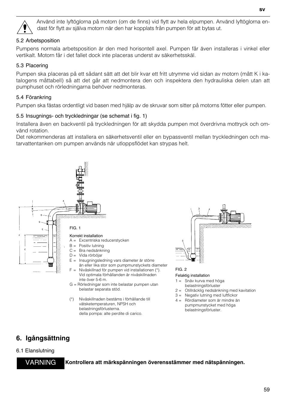 Igångsättning, Varning | Xylem FH SH User Manual | Page 59 / 128