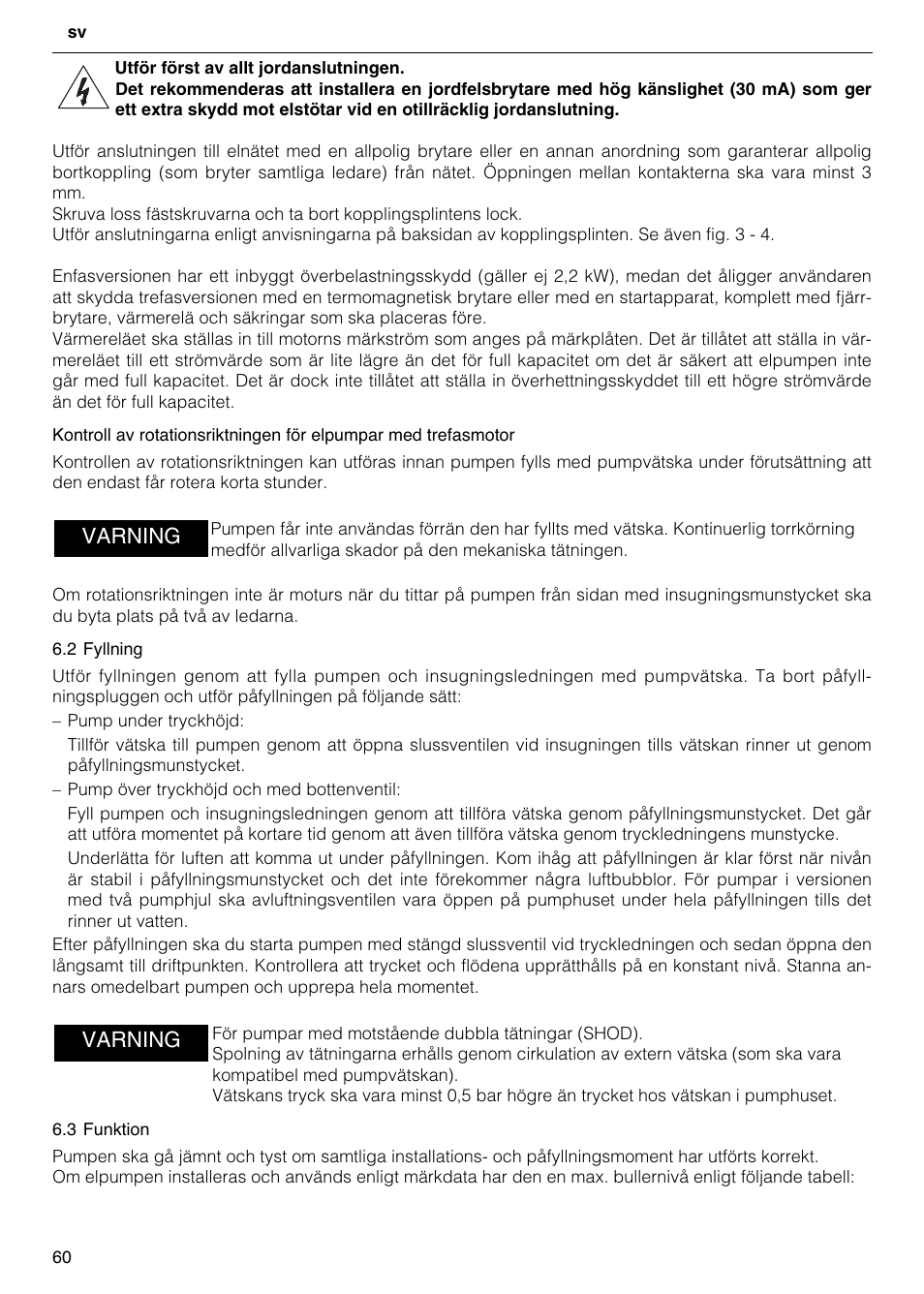 Varning | Xylem FH SH User Manual | Page 60 / 128