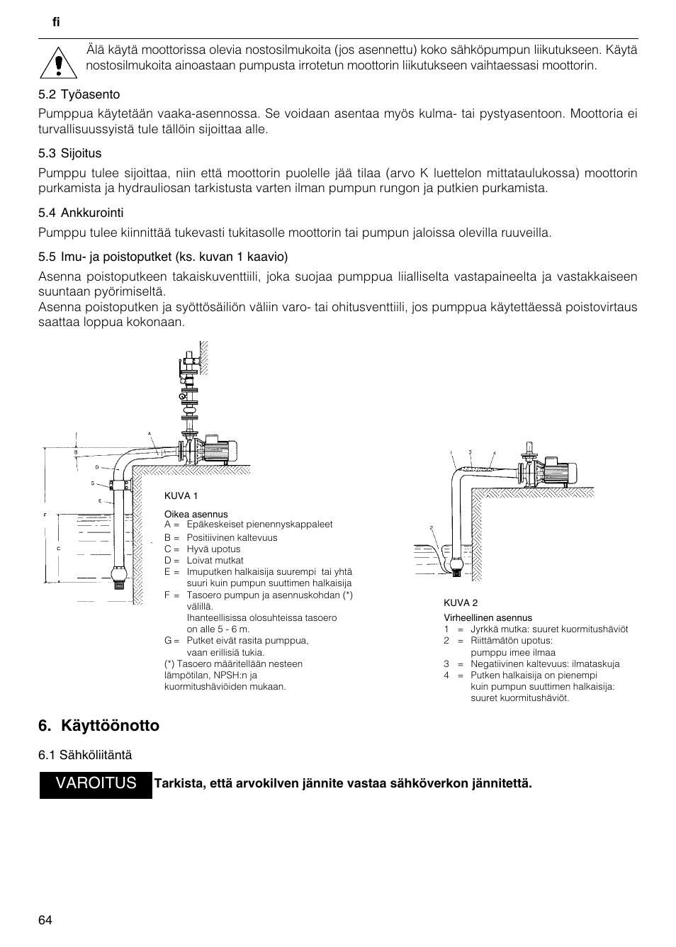 Käyttöönotto, Varoitus | Xylem FH SH User Manual | Page 64 / 128