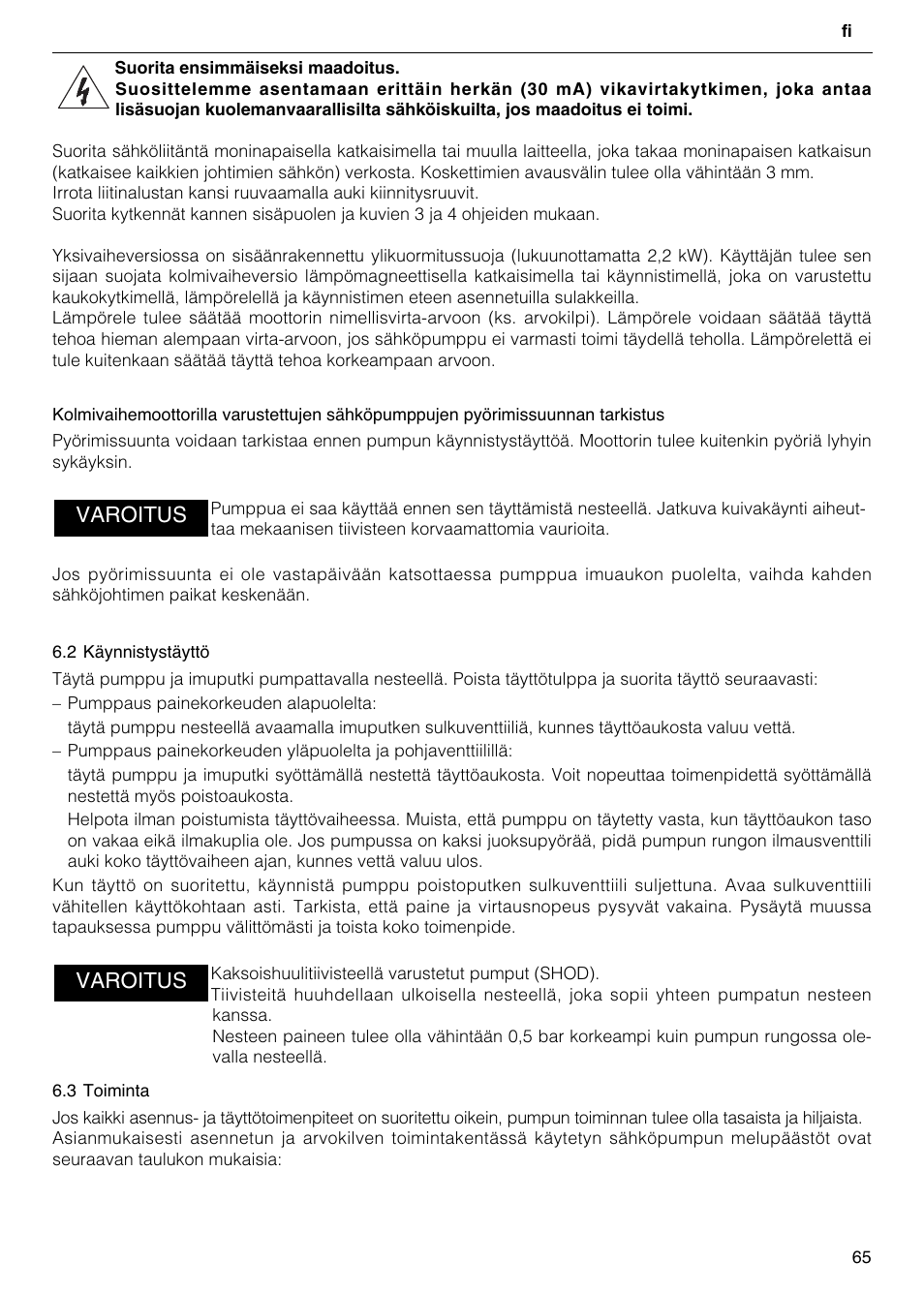 Varoitus | Xylem FH SH User Manual | Page 65 / 128