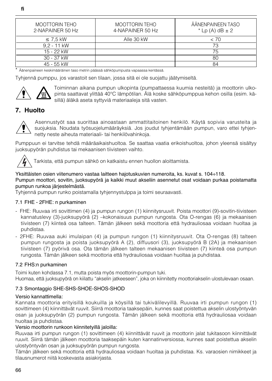 Huolto | Xylem FH SH User Manual | Page 66 / 128