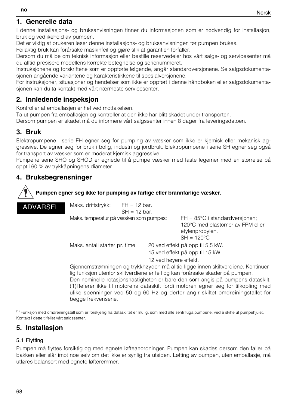 Generelle data, Innledende inspeksjon, Bruk | Bruksbegrensninger, Installasjon, Advarsel | Xylem FH SH User Manual | Page 68 / 128