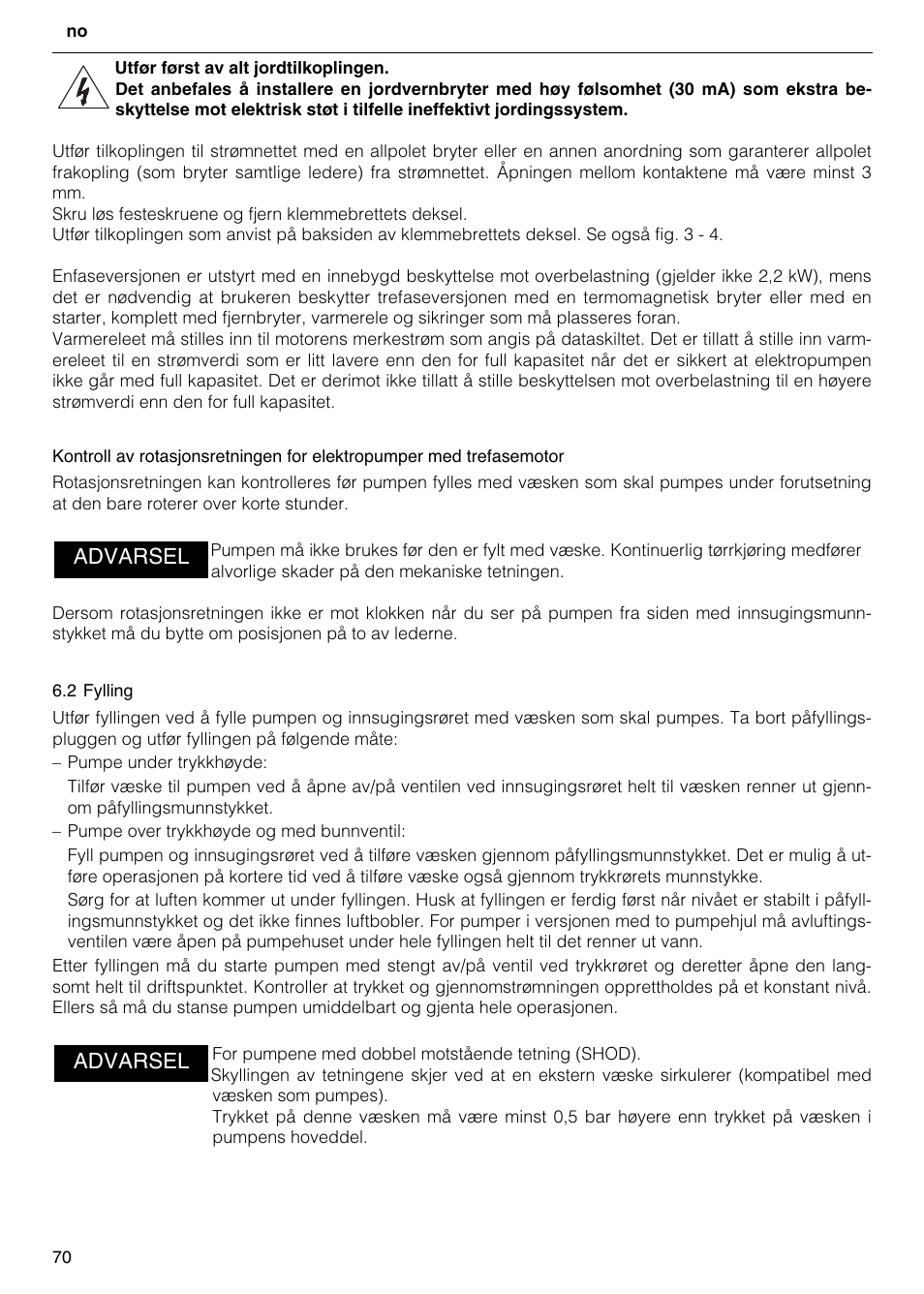 Advarsel | Xylem FH SH User Manual | Page 70 / 128