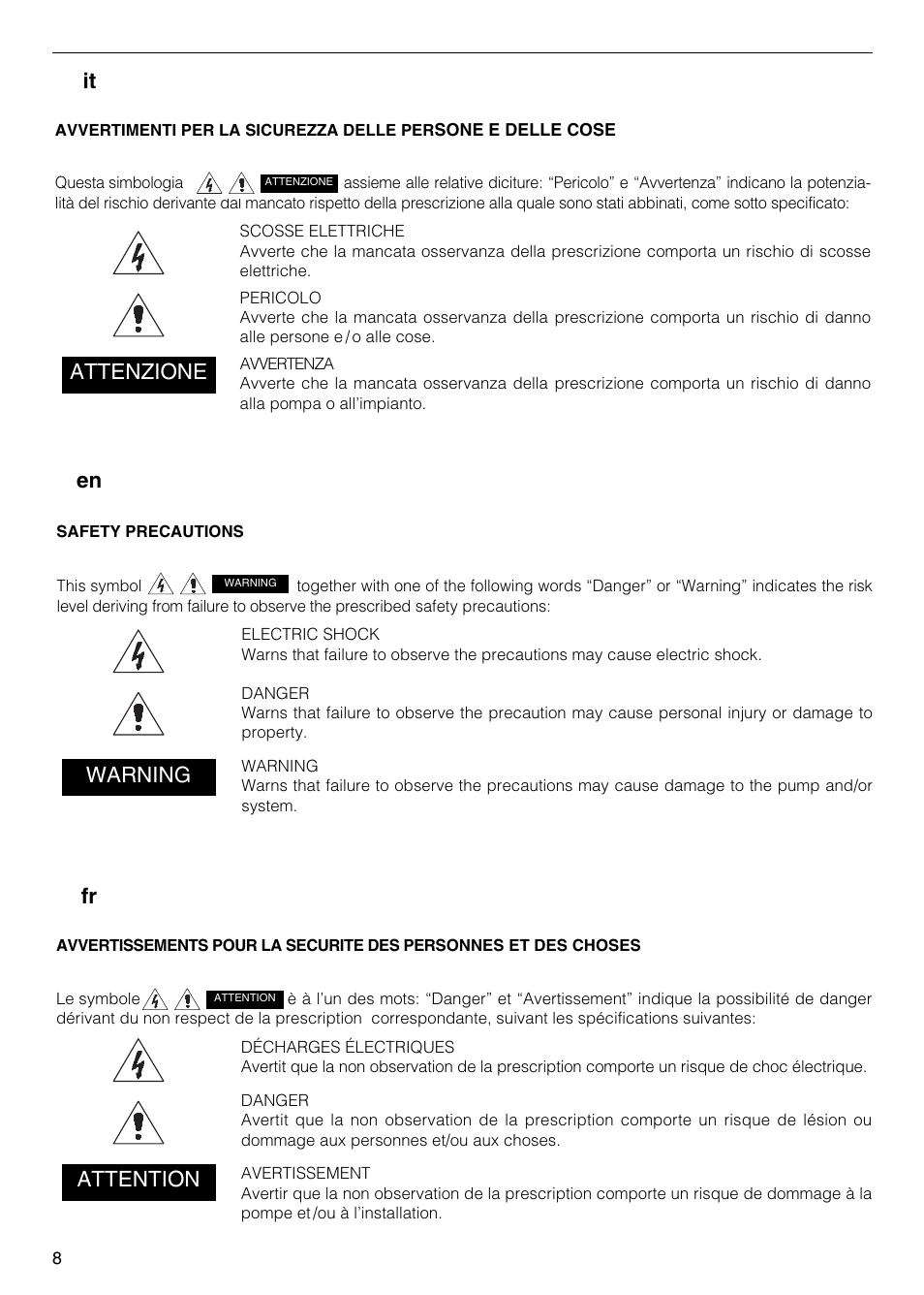 Fr en it, Attenzione, Warning | Attention | Xylem FH SH User Manual | Page 8 / 128