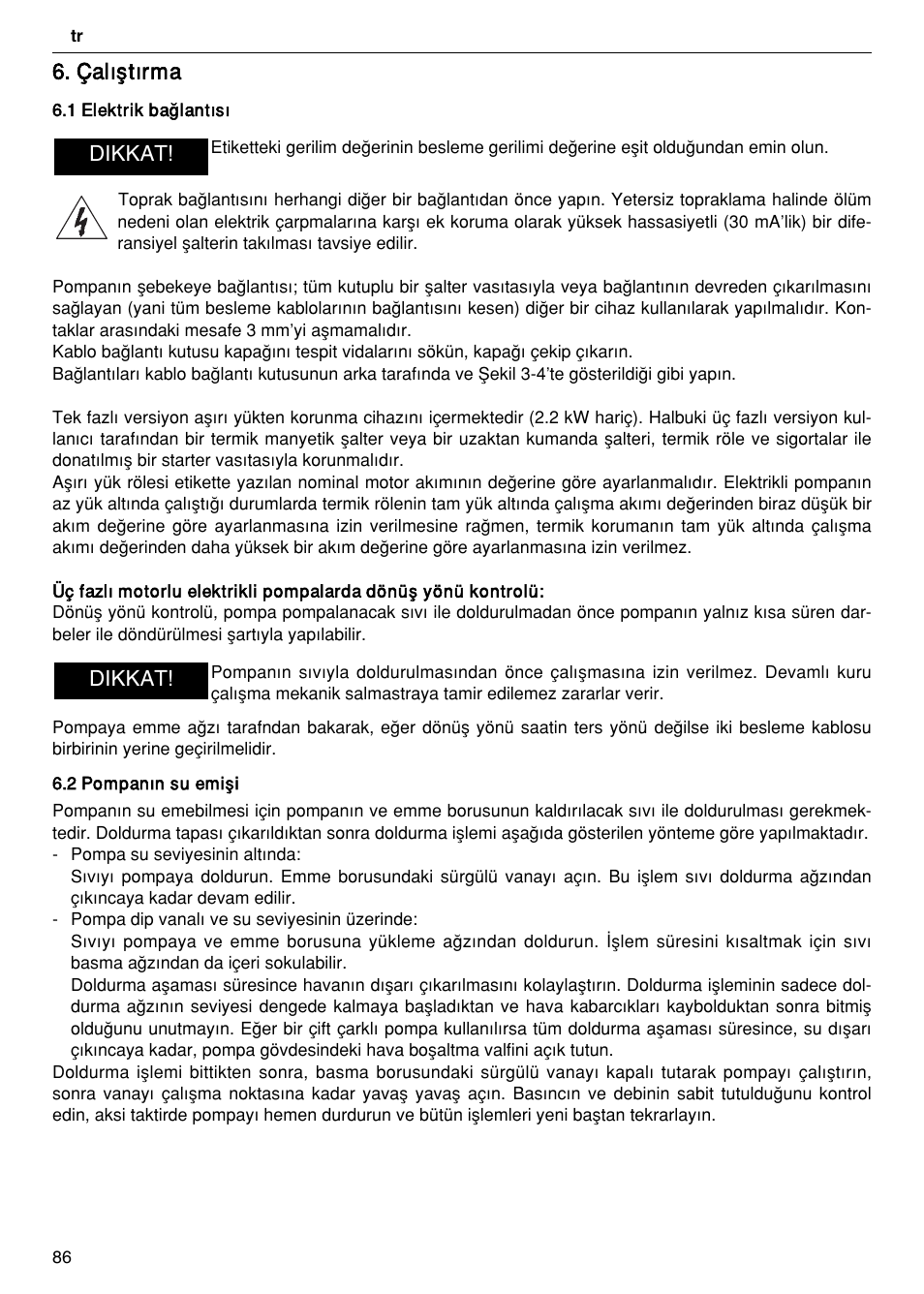 Çal›ﬂt›rma, Dikkat | Xylem FH SH User Manual | Page 86 / 128