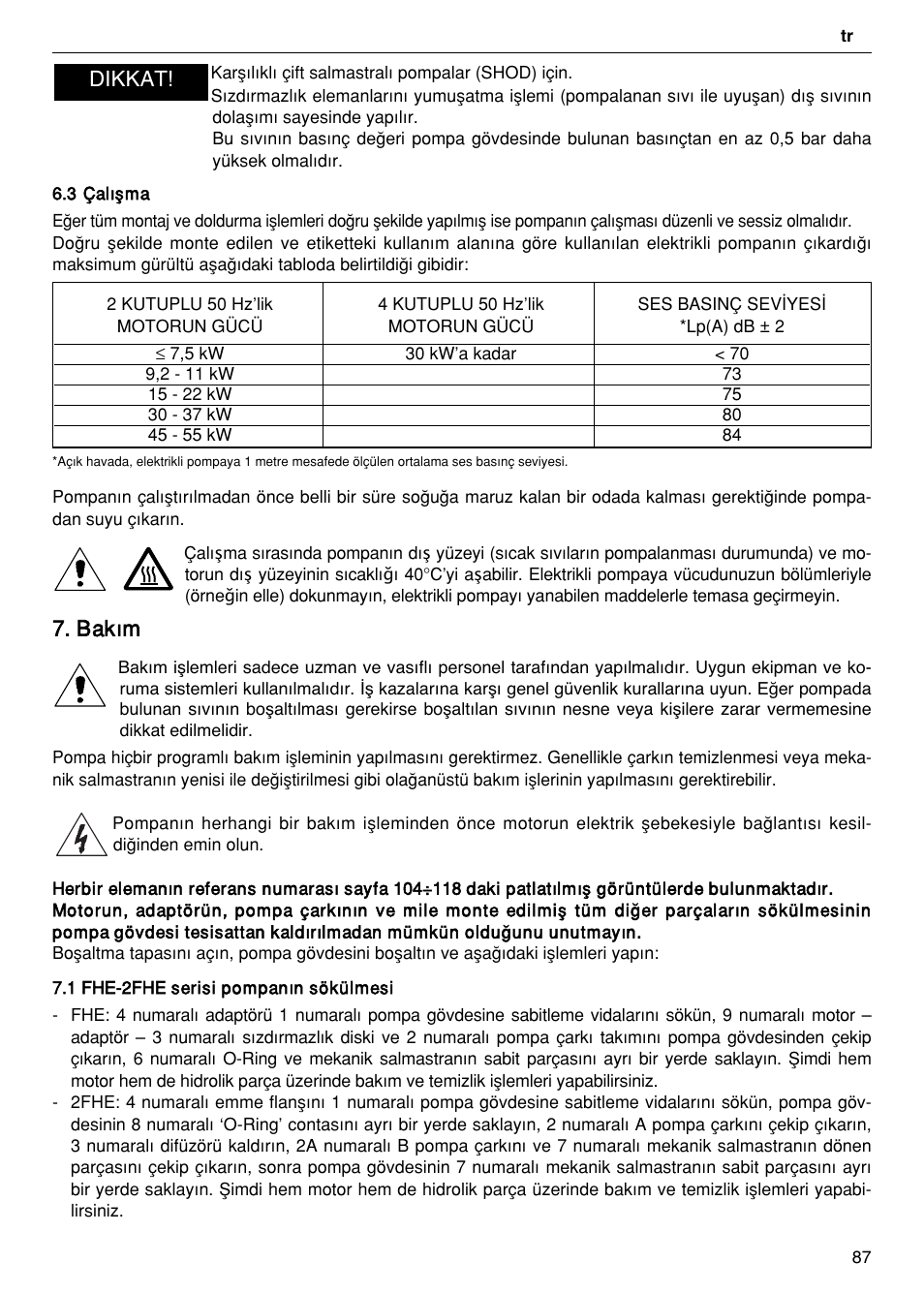 Bak›m, Dikkat | Xylem FH SH User Manual | Page 87 / 128