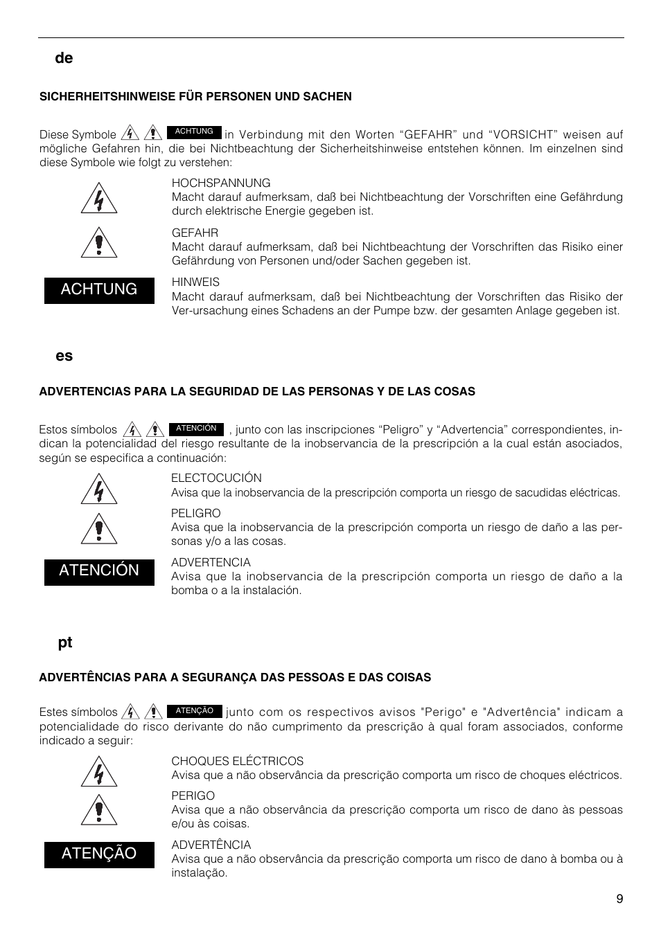 Pt es de, Achtung, Atención | Atenção | Xylem FH SH User Manual | Page 9 / 128