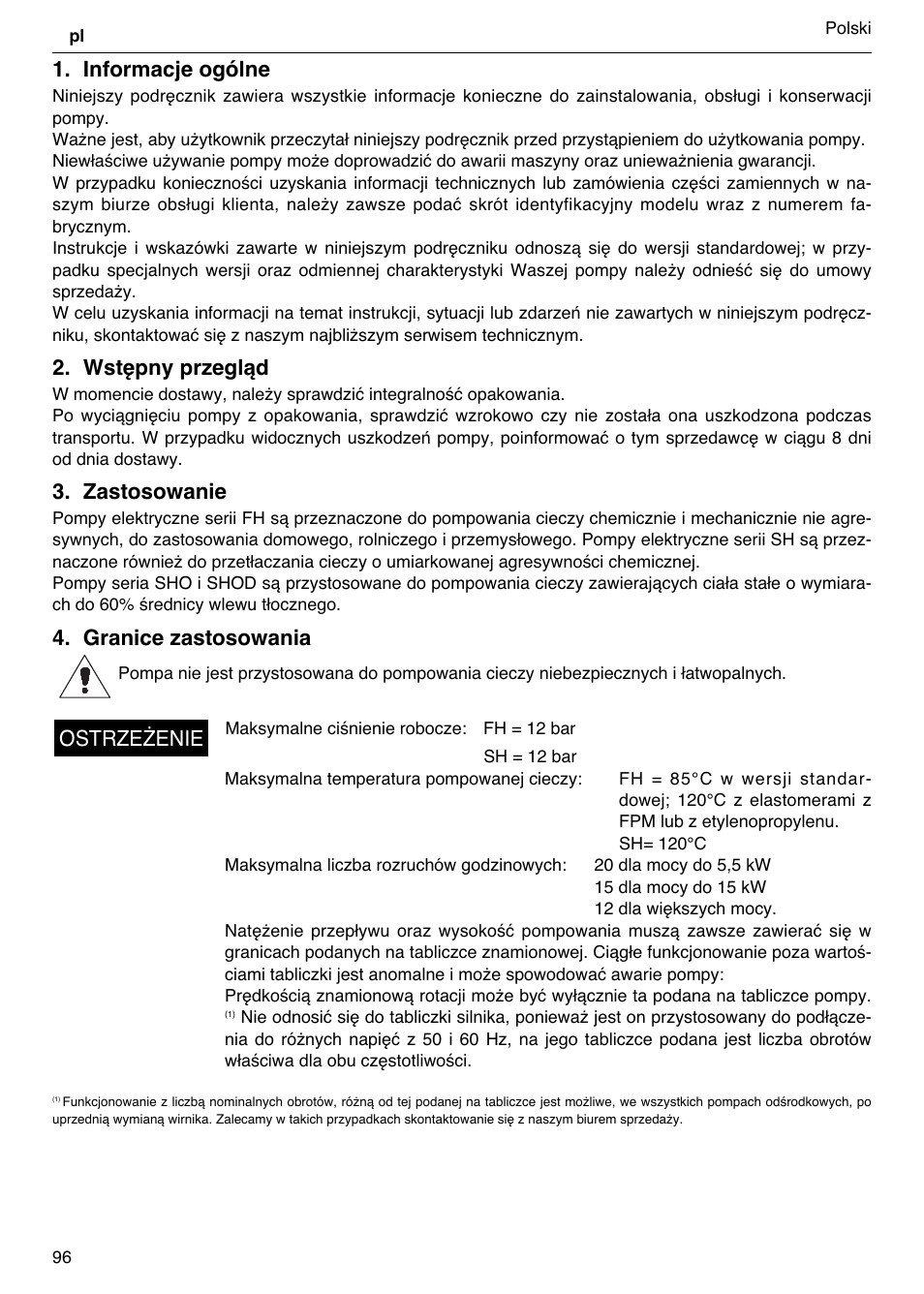 Informacje ogólne, Wstępny przegląd, Zastosowanie | Granice zastosowania, Ostrzeżenie | Xylem FH SH User Manual | Page 96 / 128