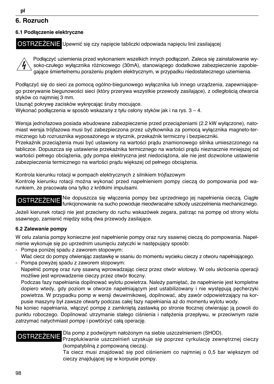 Rozruch, Ostrzeżenie | Xylem FH SH User Manual | Page 98 / 128