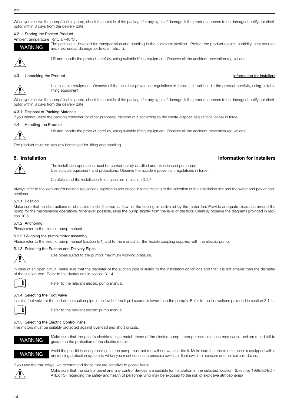 Installation information for installers, Warning | Xylem FHF Atex3 SHF Atex3 User Manual | Page 14 / 56